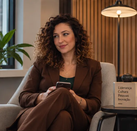 Lu Oliveira, sentada numa poltrona, com o celular na mão.